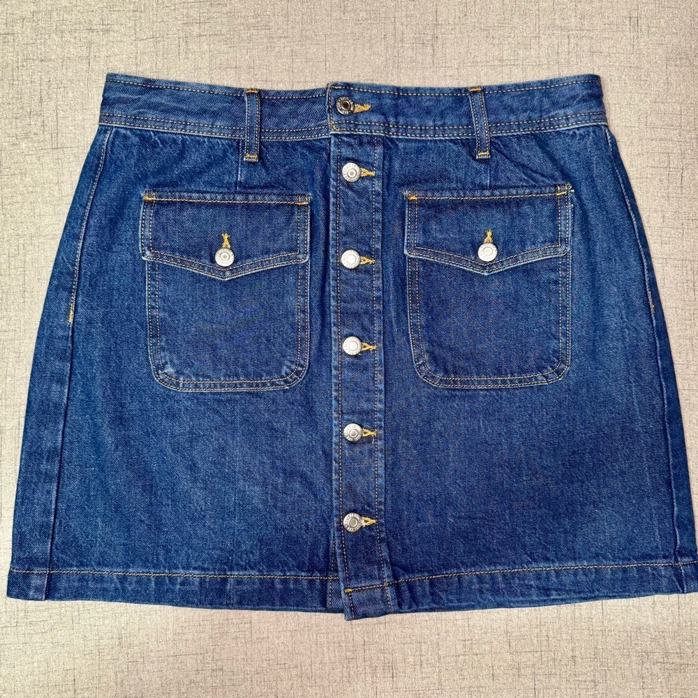 LOFT Patch Pocket Button Front Denim Mini Skirt in Deep Indigo Wash Size 10 - Picture 8 of 12